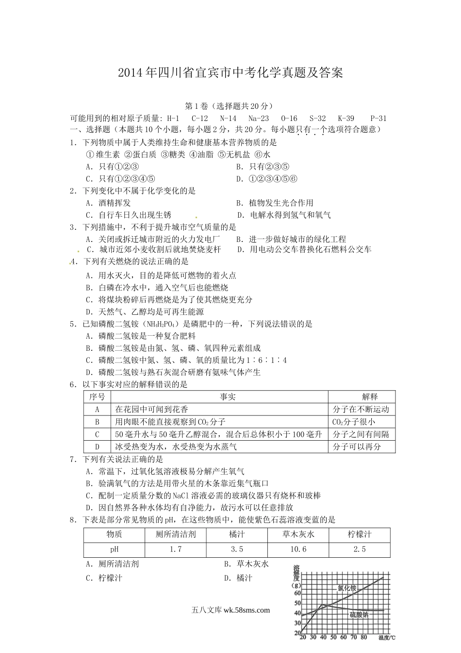 2014年四川省宜宾市中考化学真题及答案.doc_第1页