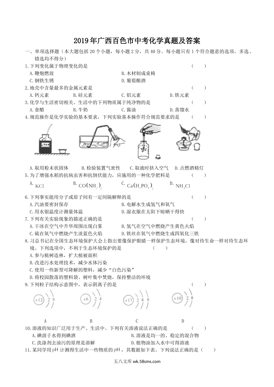 2019年广西百色市中考化学真题及答案.doc_第1页