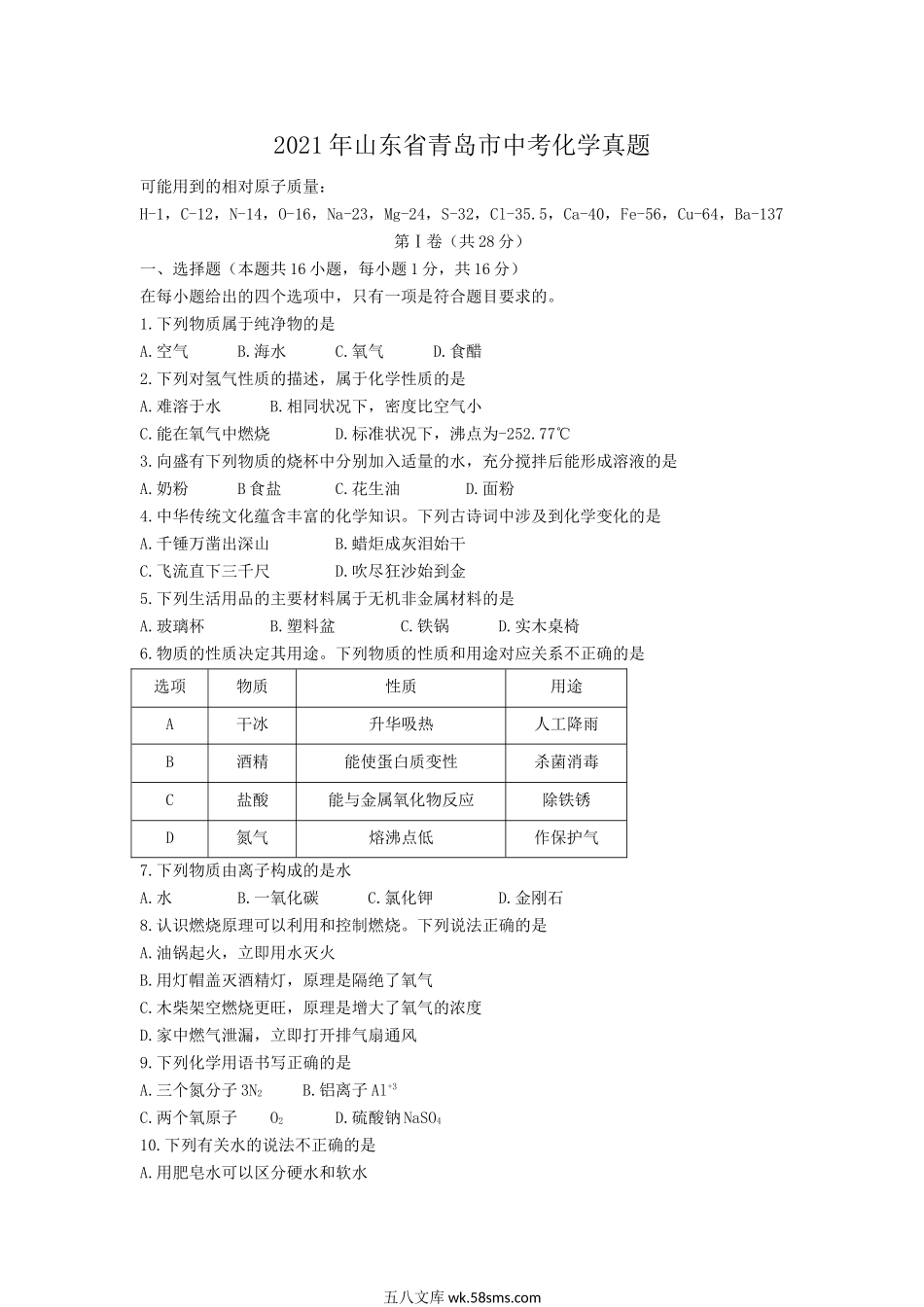 2021年山东省青岛市中考化学真题.doc_第1页