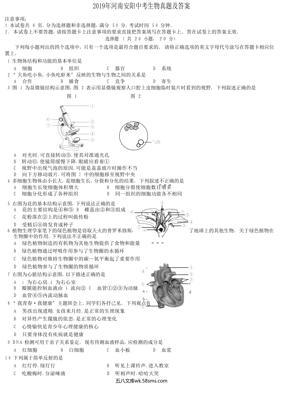 2019年河南安阳中考生物真题及答案.doc_第1页