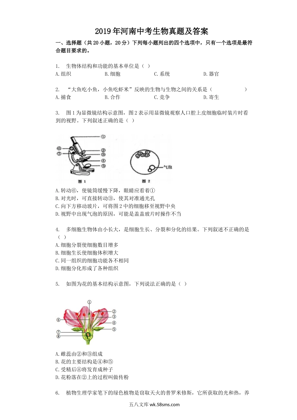 2019年河南中考生物真题及答案.doc_第1页