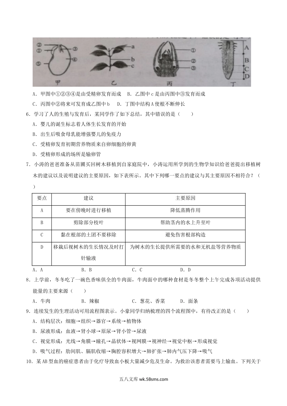 2019年湖南省张家界市中考生物真题及答案.doc_第2页