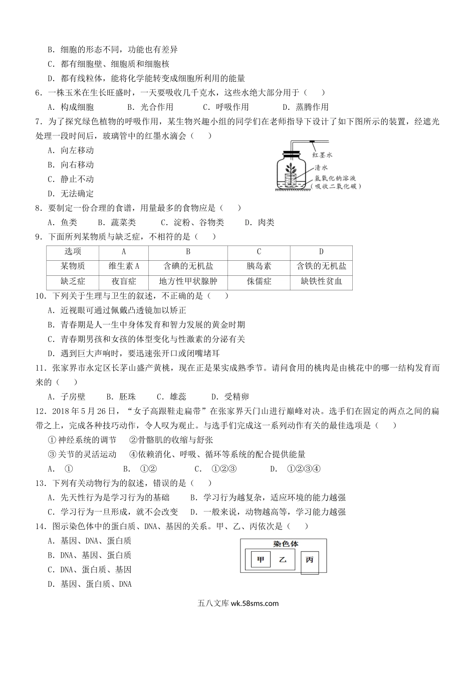 2019年吉林白城中考生物真题及答案.doc_第2页