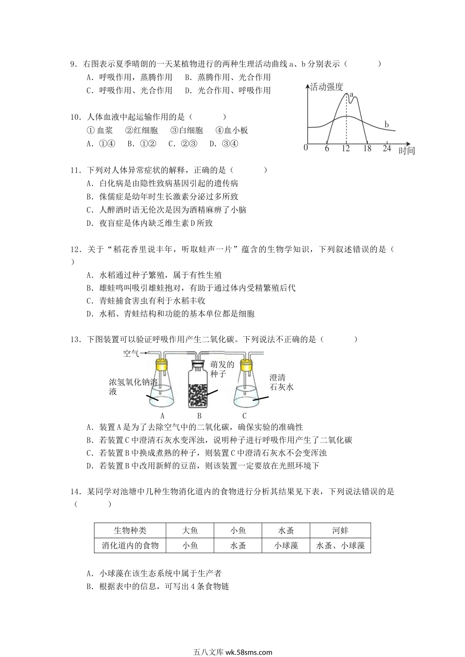 2019年江西赣州中考生物真题及答案.doc_第2页