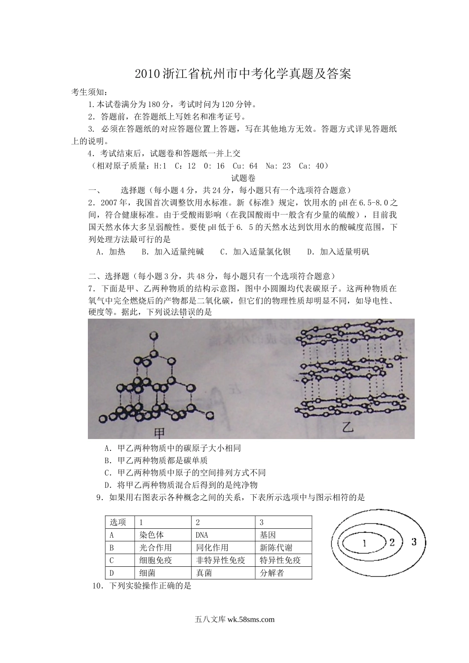 2010浙江省杭州市中考化学真题及答案.doc_第1页