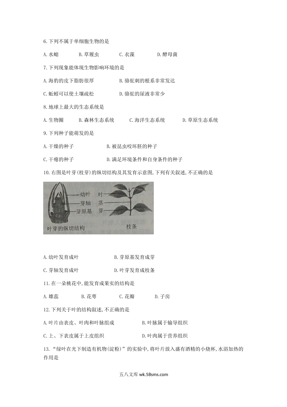 2019年云南大理中考生物真题及答案.doc_第2页