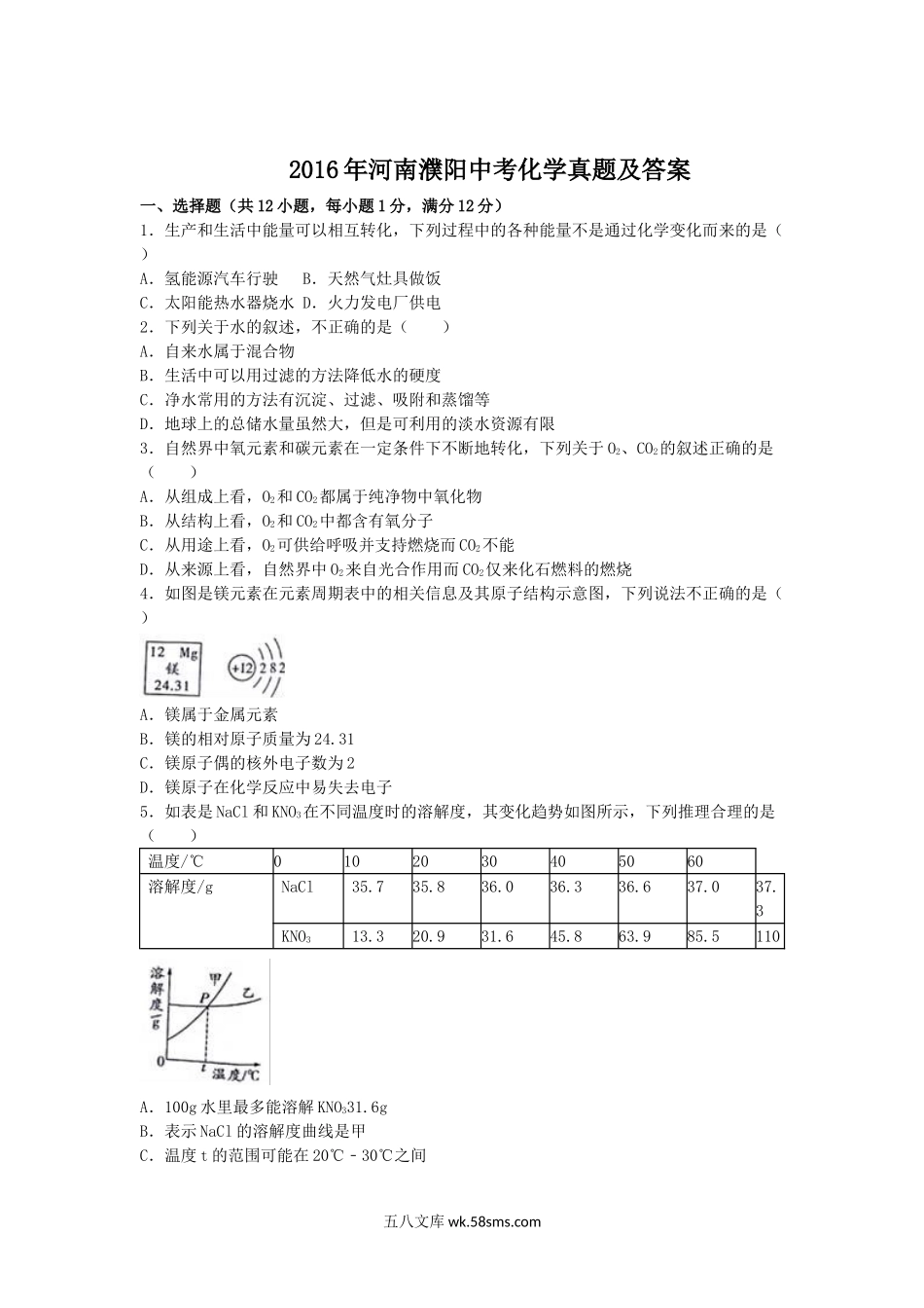 2016年河南濮阳中考化学真题及答案.doc_第1页