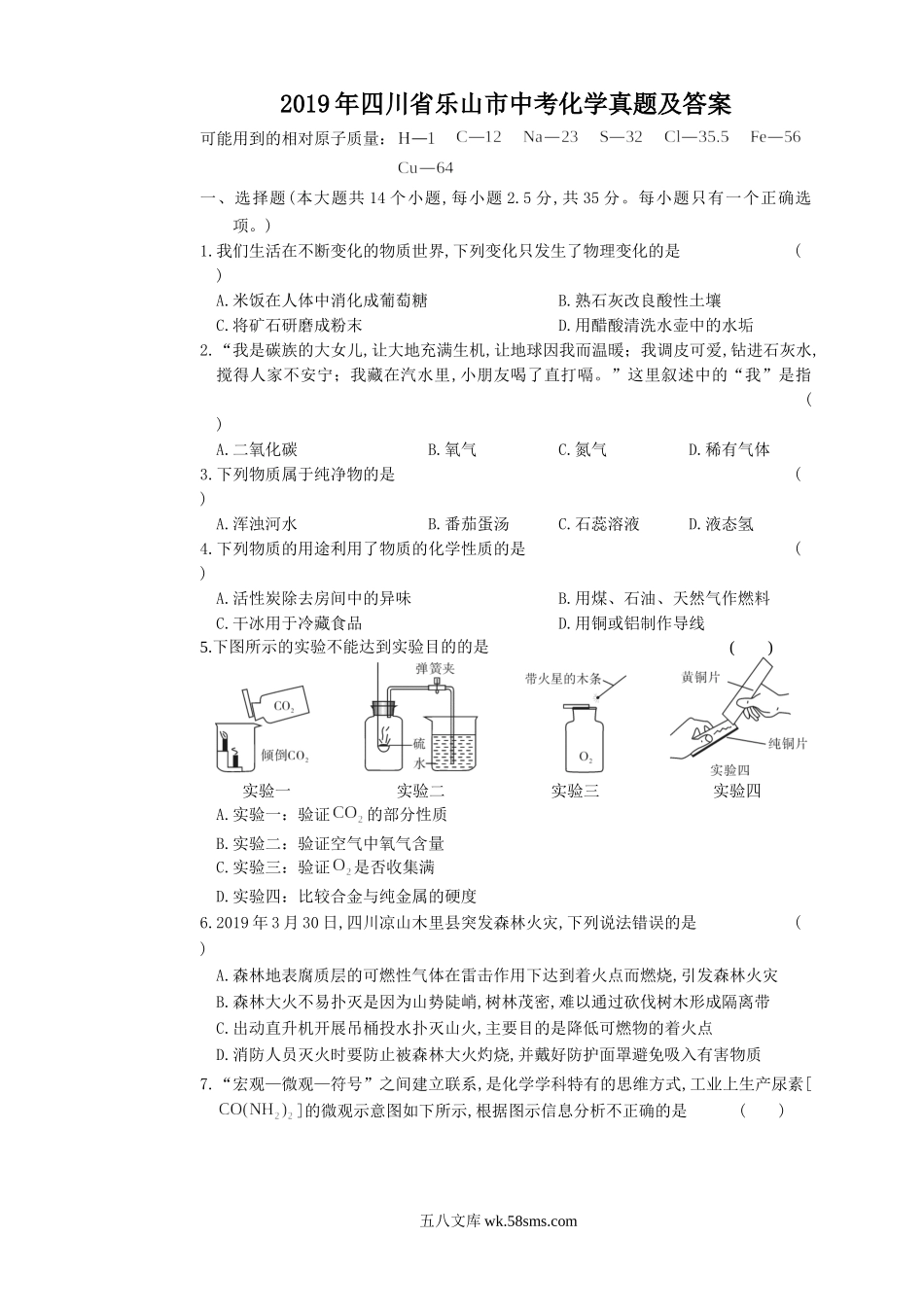 2019年四川省乐山市中考化学真题及答案.doc_第1页