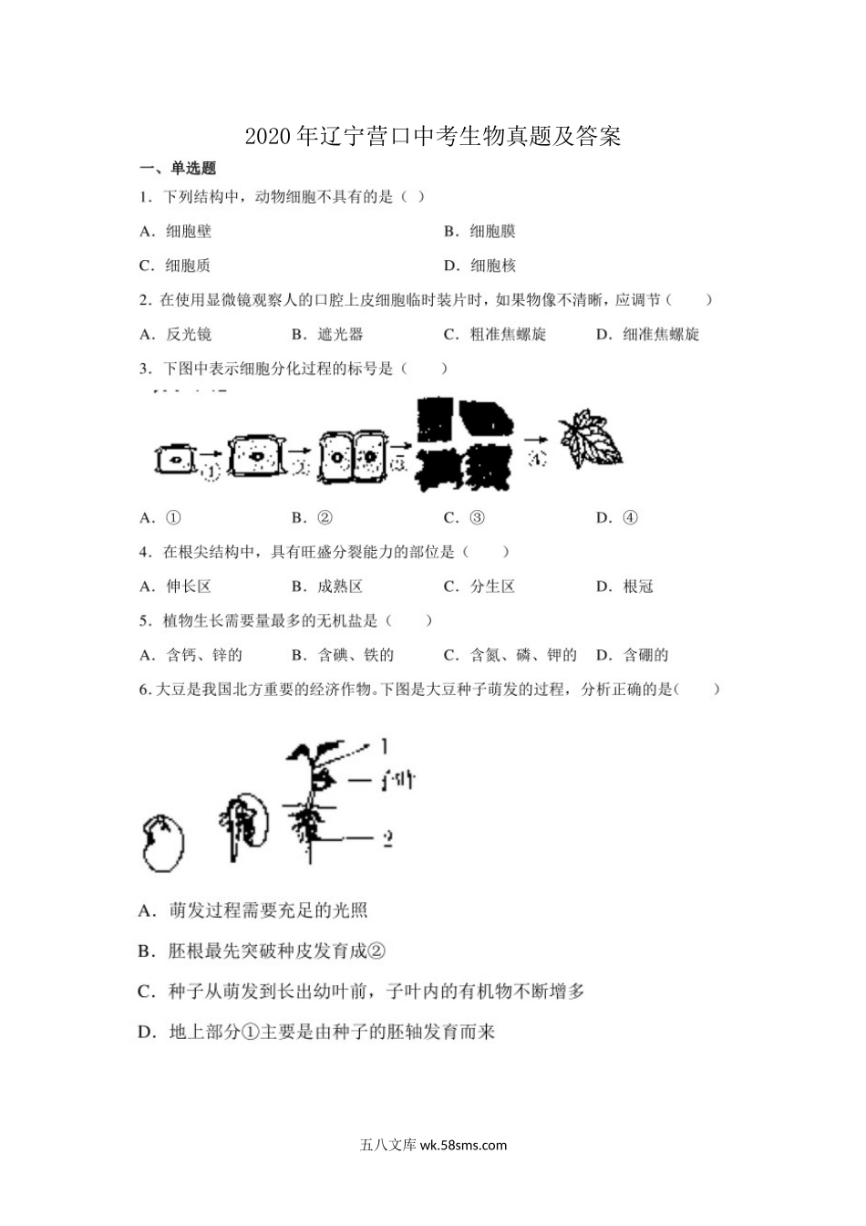 2020年辽宁营口中考生物真题及答案.doc_第1页