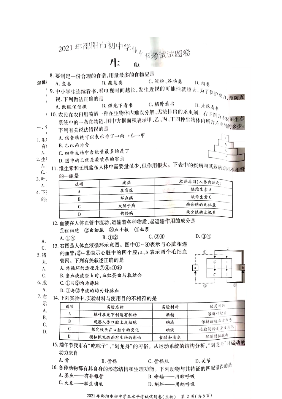 2021年湖南邵阳中考生物真题.doc_第2页