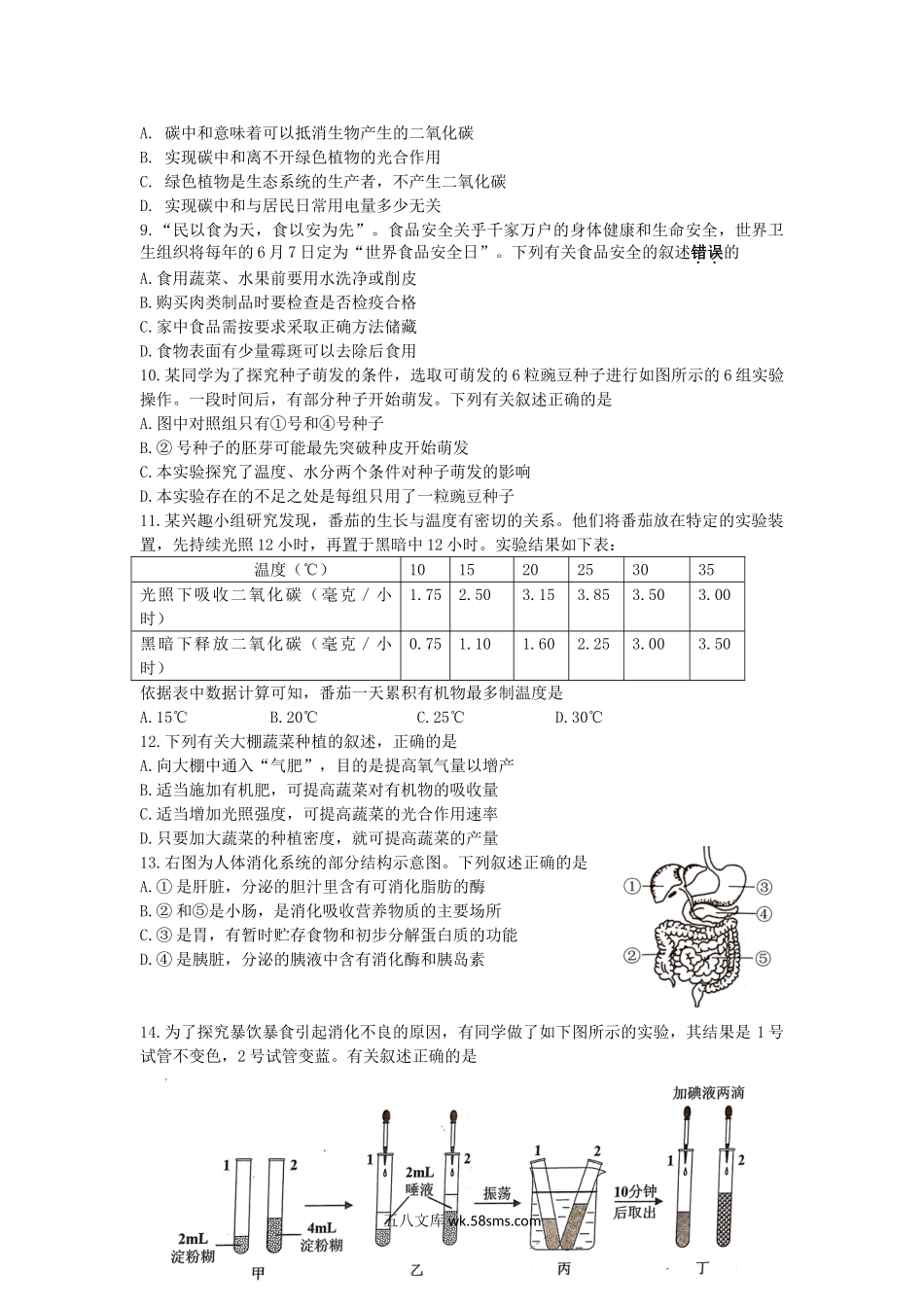 2021年江苏省苏州市中考生物真题及答案.doc_第2页