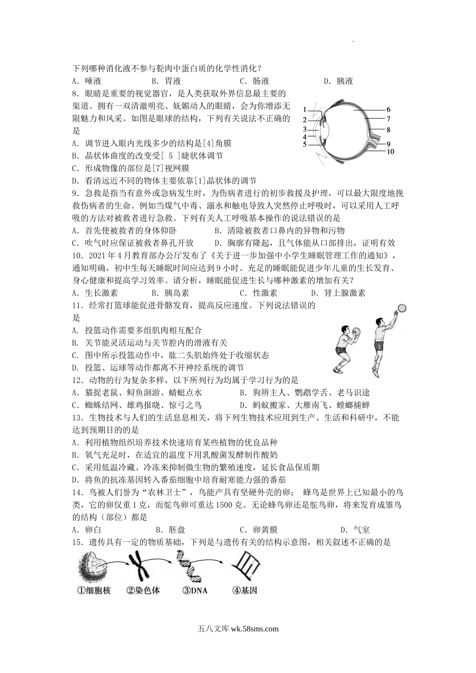 2021年山东省济宁市中考生物真题及答案.doc_第2页