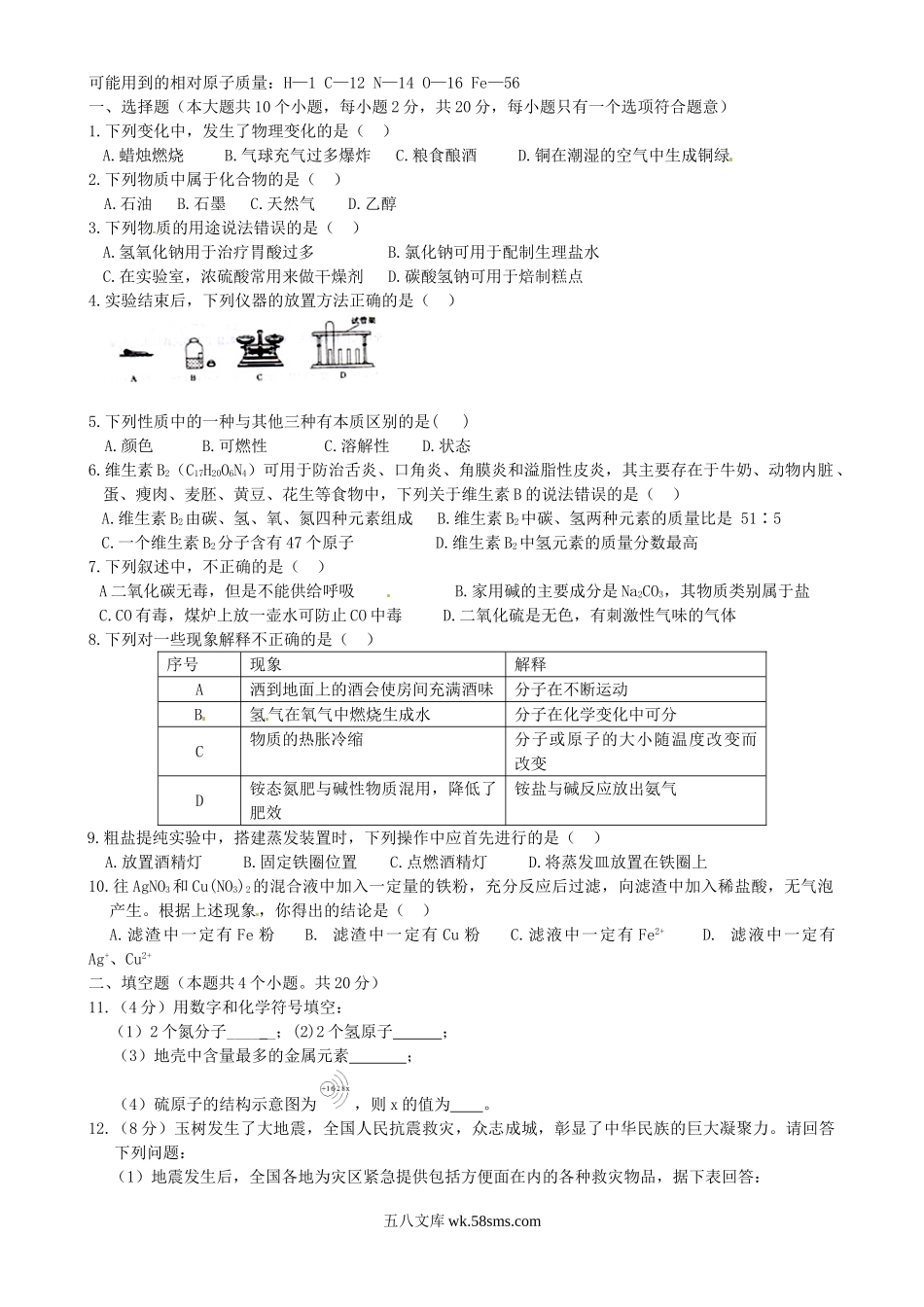 2011新疆乌鲁木齐中考化学真题及答案.doc_第2页