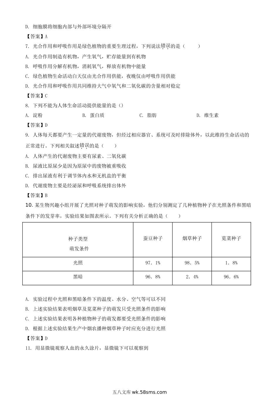 2021年四川眉山中考生物试题及答案.doc_第2页