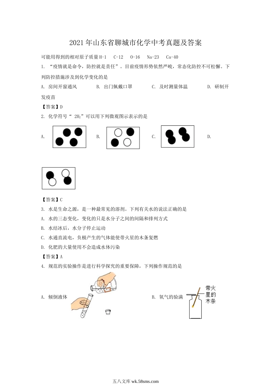 2021年山东省聊城市化学中考真题及答案.doc_第1页