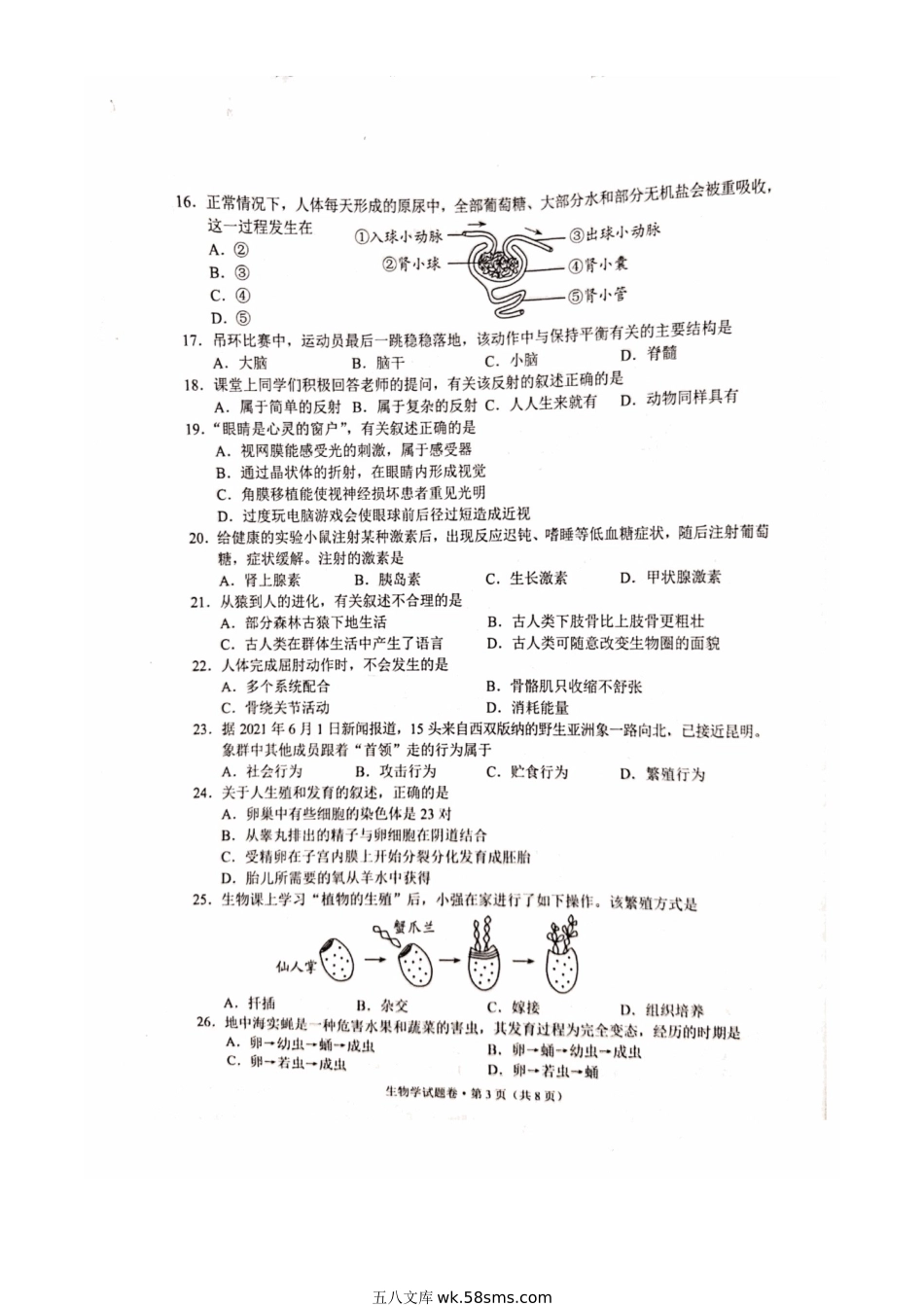 2021年云南昆明中考生物试题及答案.doc_第3页