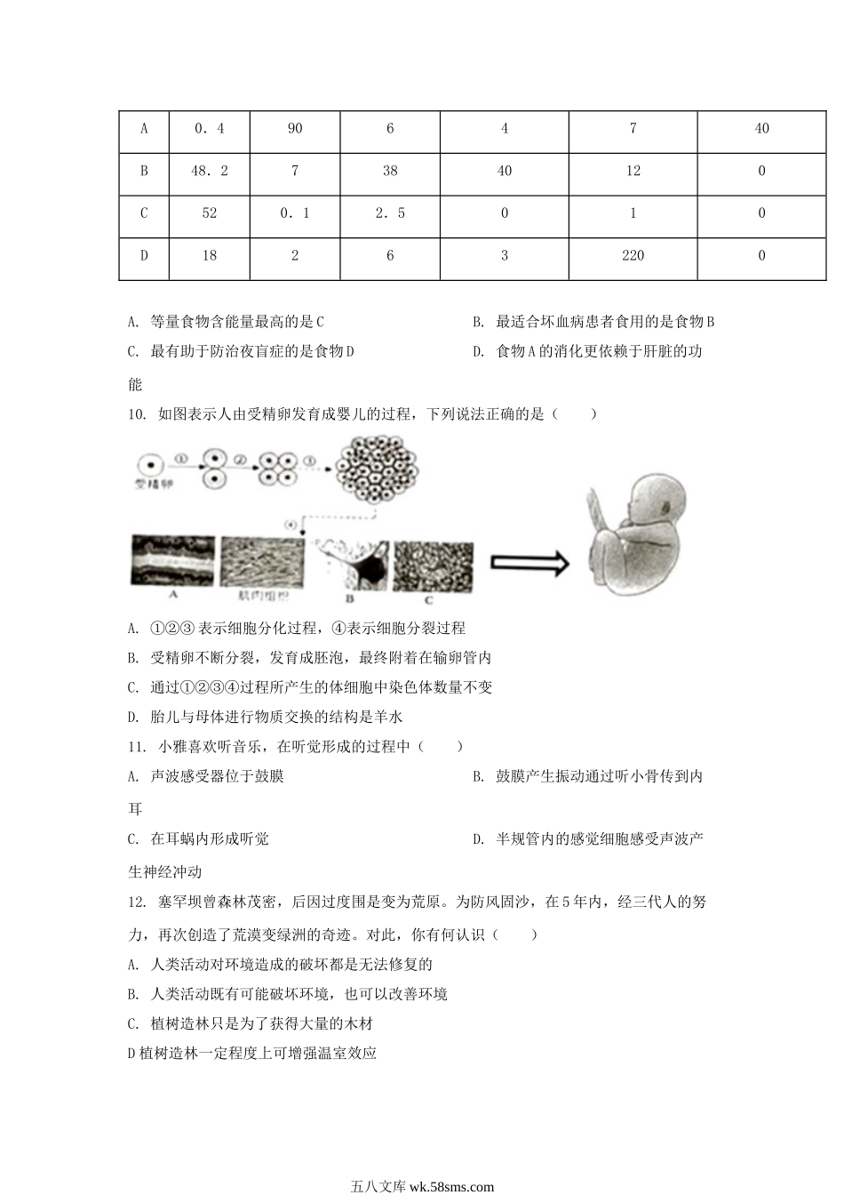 2022年湖南娄底中考生物试题及答案.doc_第3页