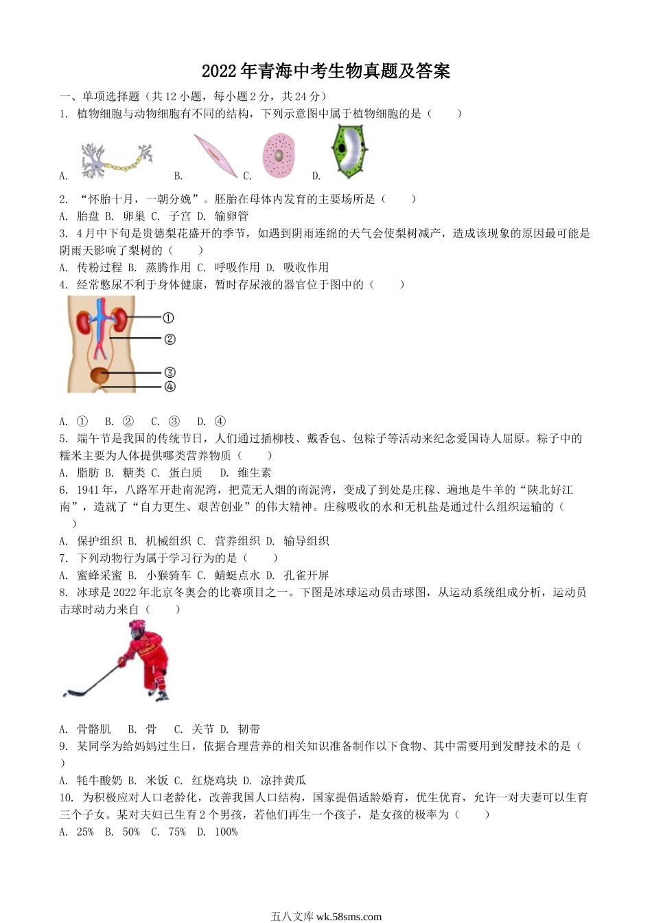 2022年青海中考生物真题及答案.doc_第1页