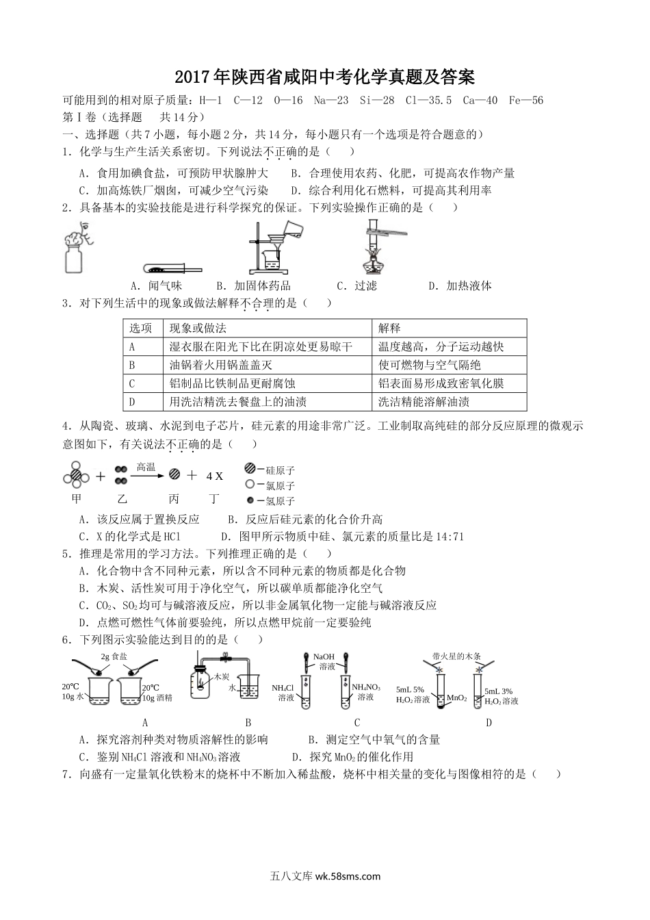 2017年陕西省咸阳中考化学真题及答案.doc_第1页