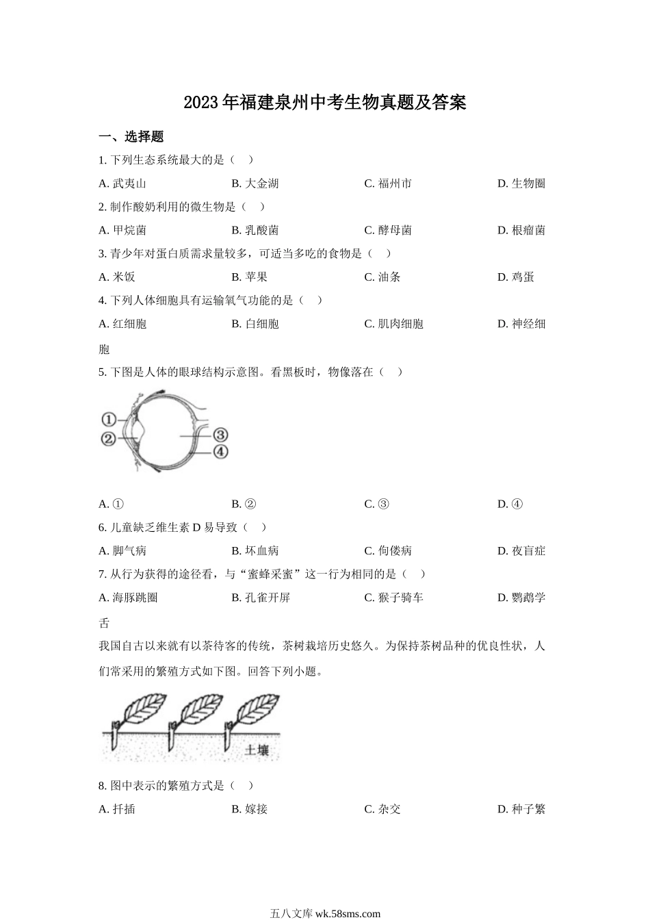 2023年福建泉州中考生物真题及答案.doc_第1页