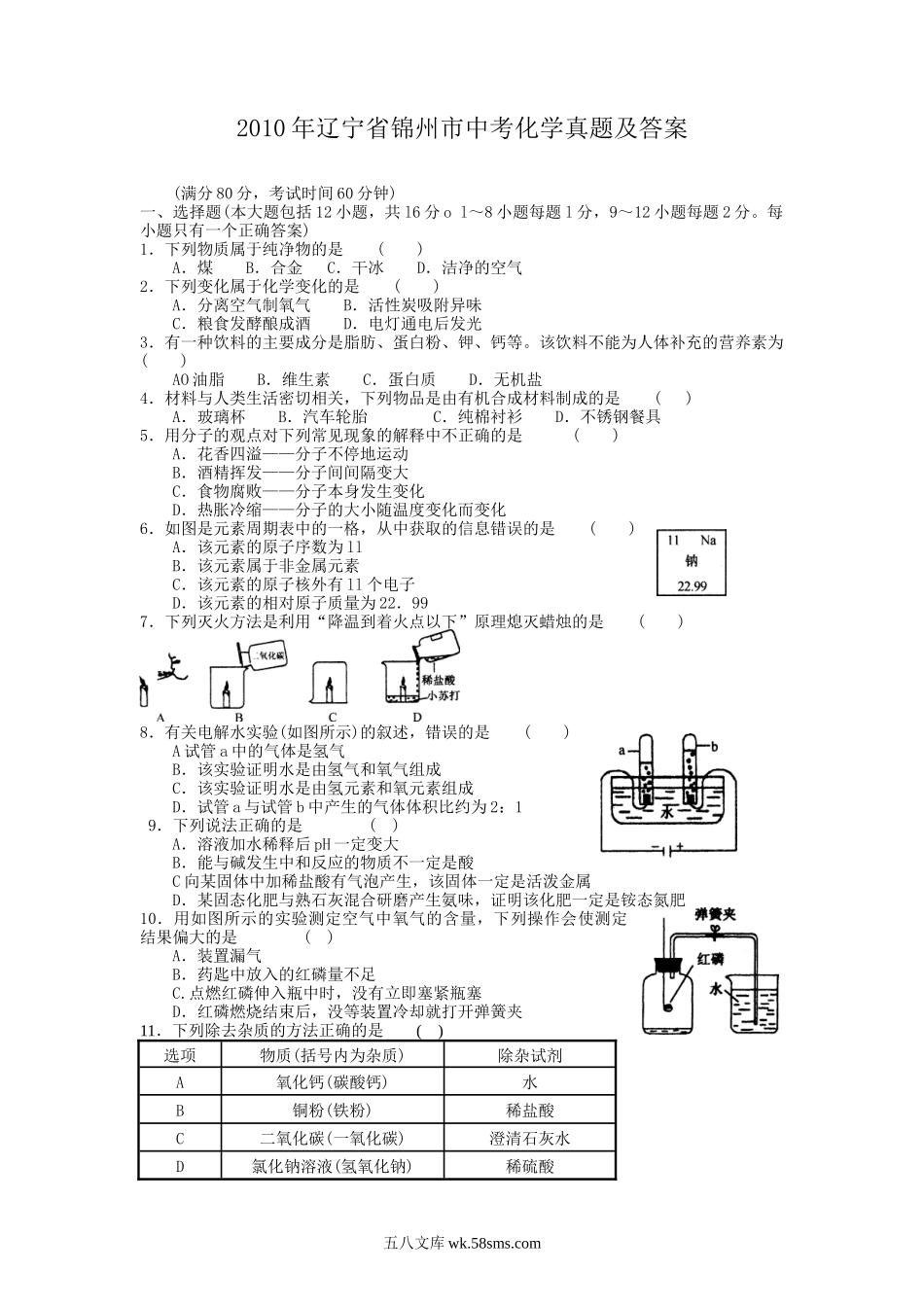 2010年辽宁省锦州市中考化学真题及答案.doc_第1页