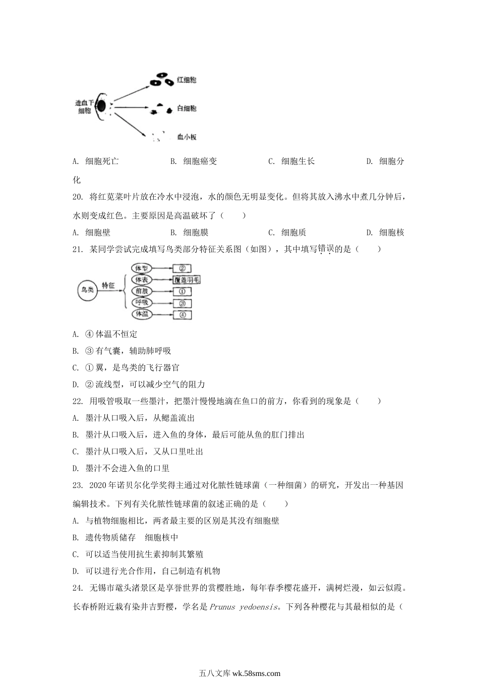 2023年江苏无锡中考生物真题及答案.doc_第3页