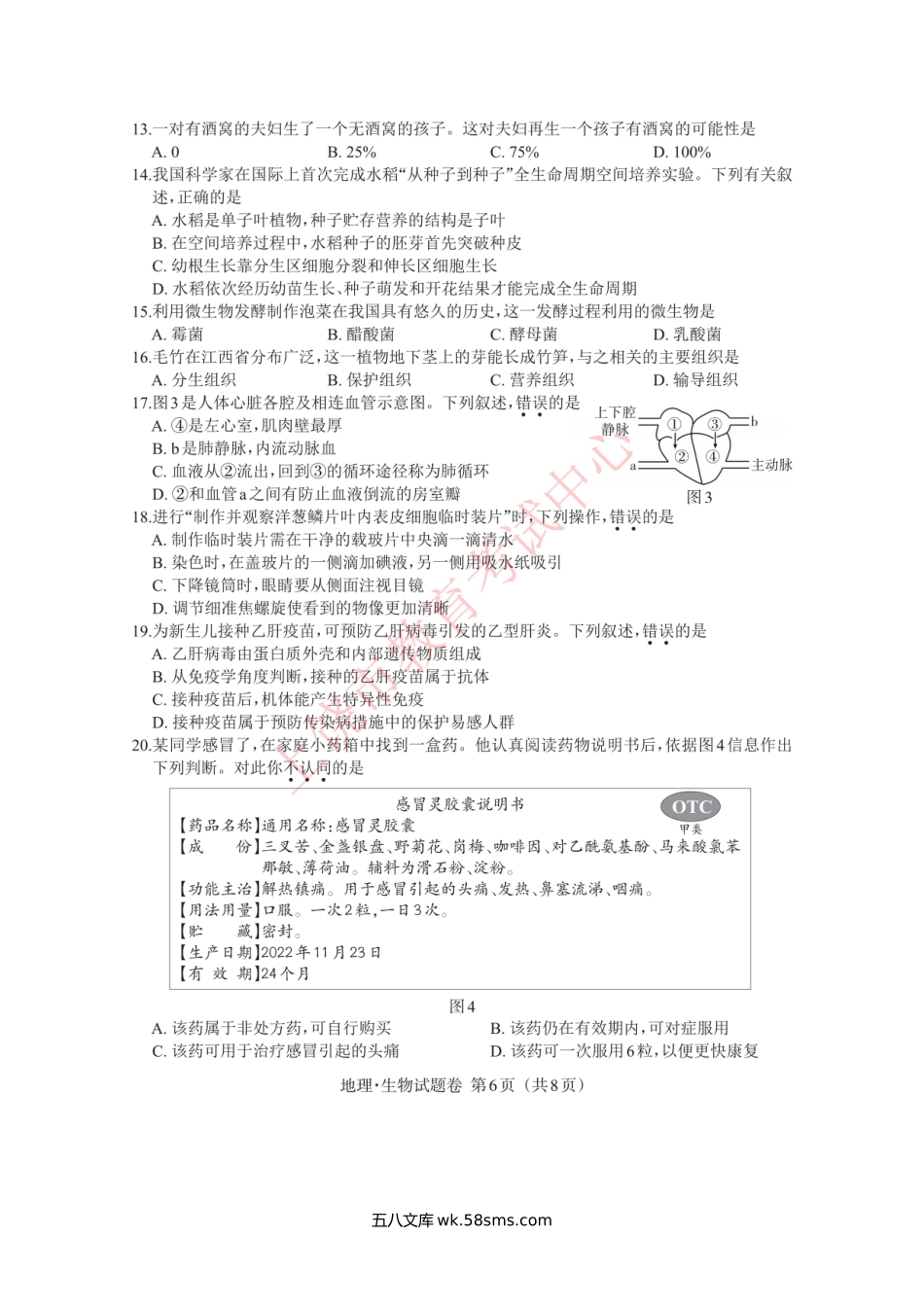 2023年江西抚州中考生物真题及答案.doc_第2页