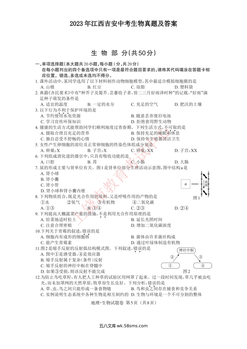 2023年江西吉安中考生物真题及答案.doc_第1页