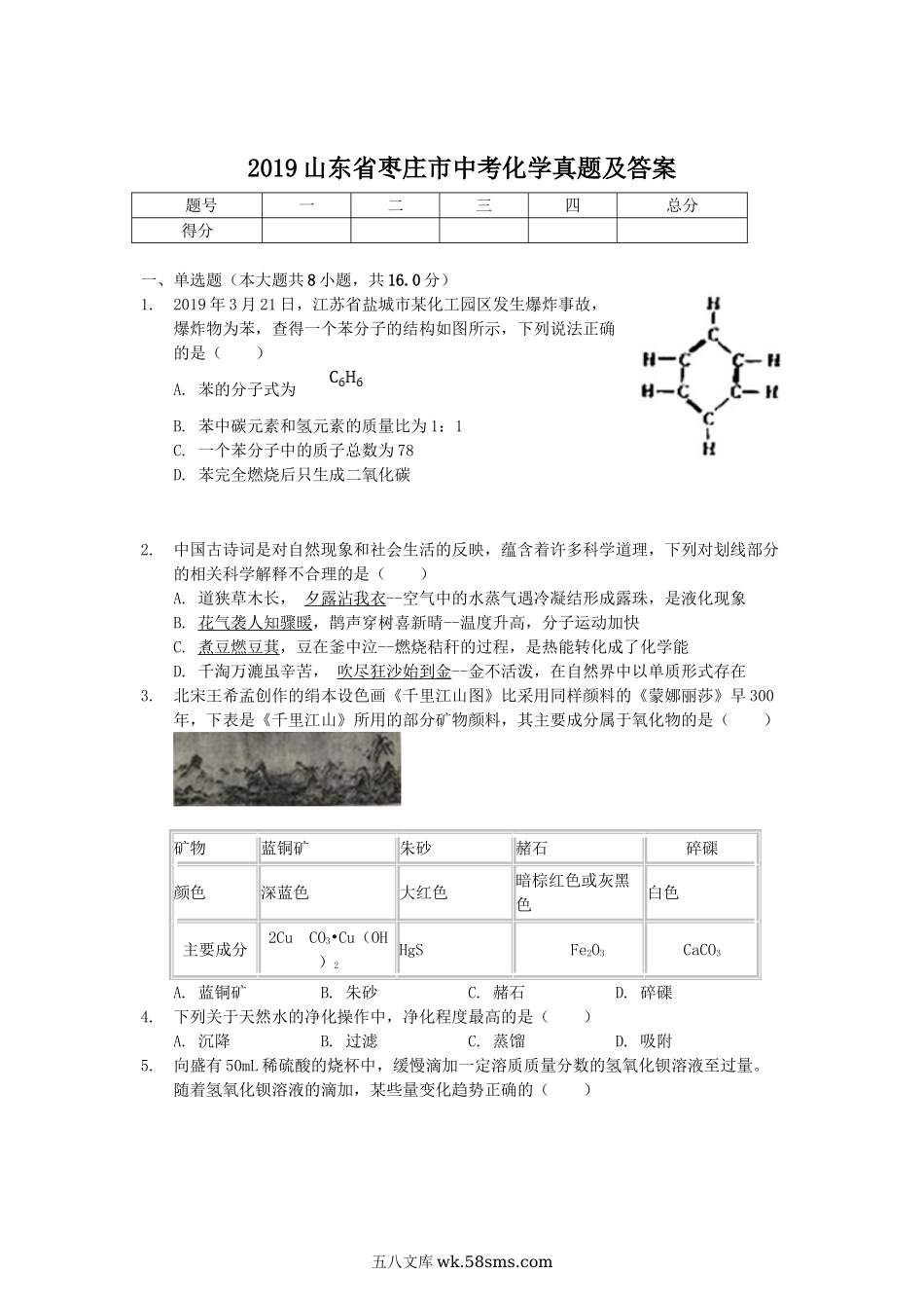 2019山东省枣庄市中考化学真题及答案.doc_第1页