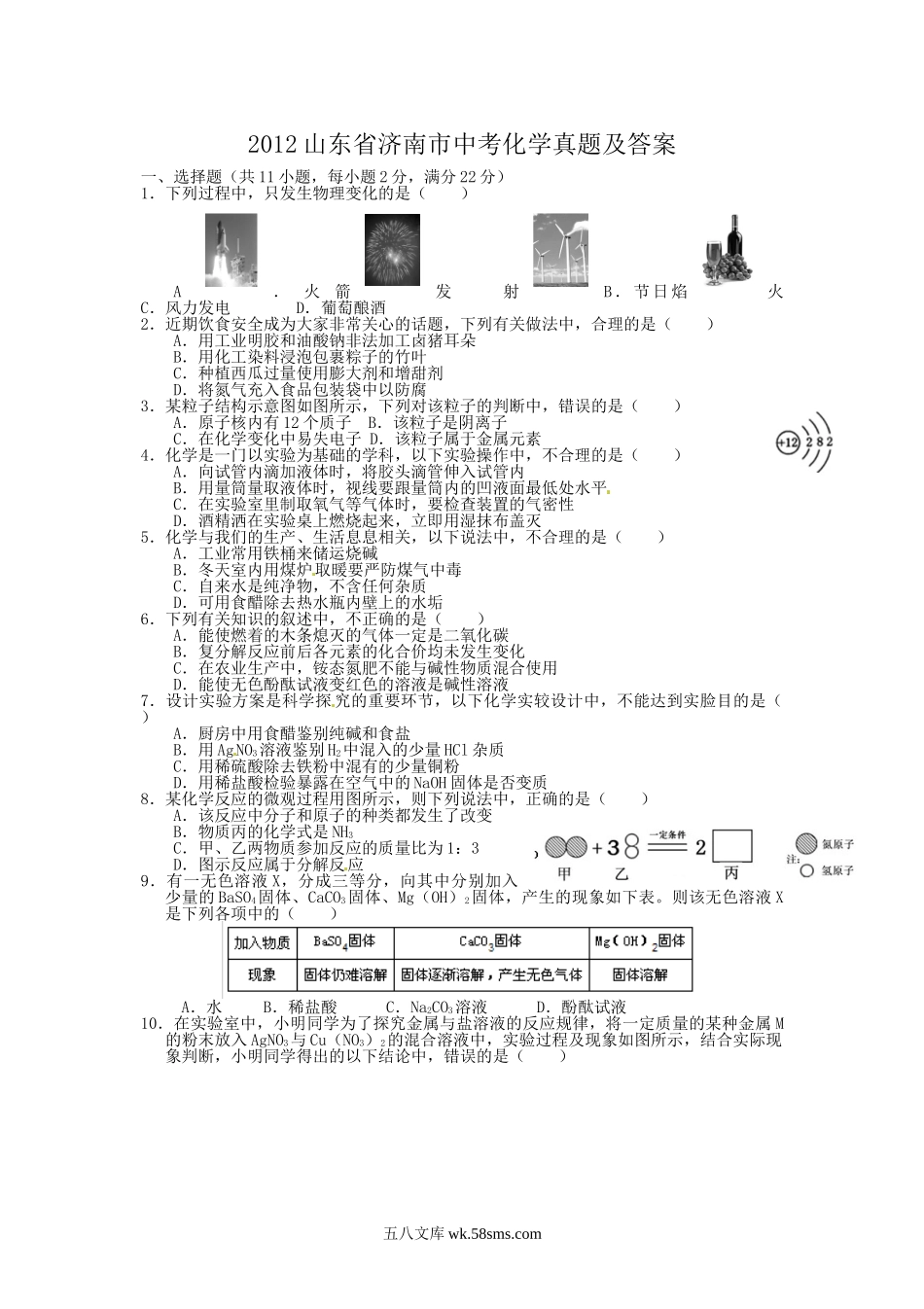 2012山东省济南市中考化学真题及答案.doc_第1页