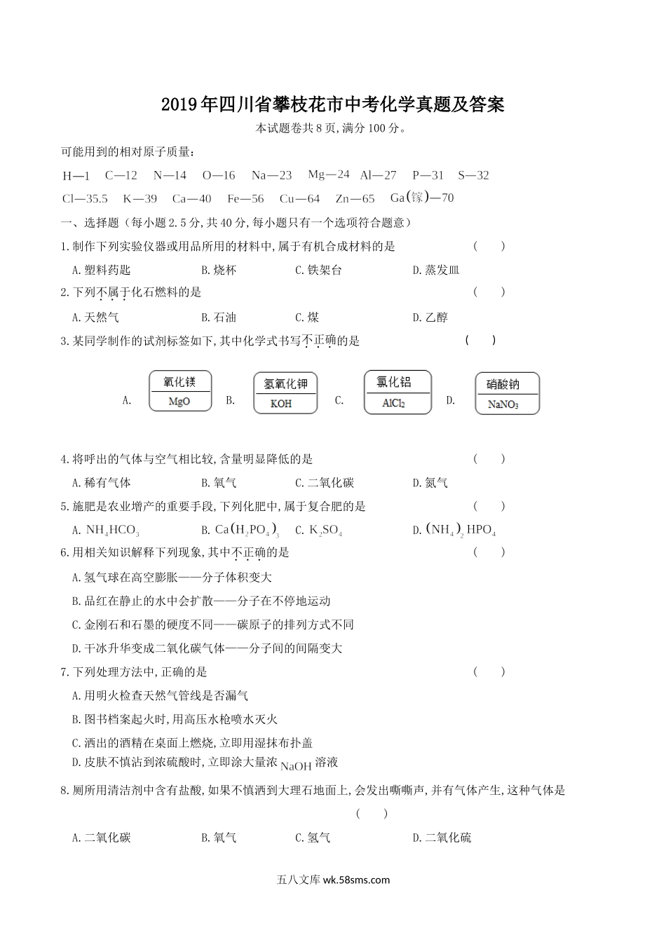 2019年四川省攀枝花市中考化学真题及答案.doc_第1页