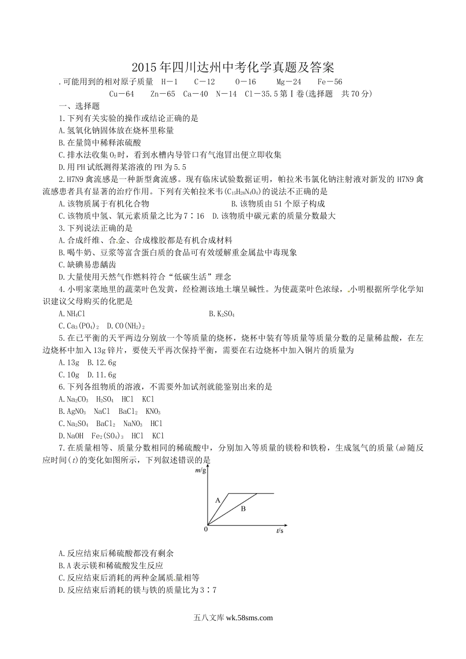 2015年四川达州中考化学真题及答案.doc_第1页