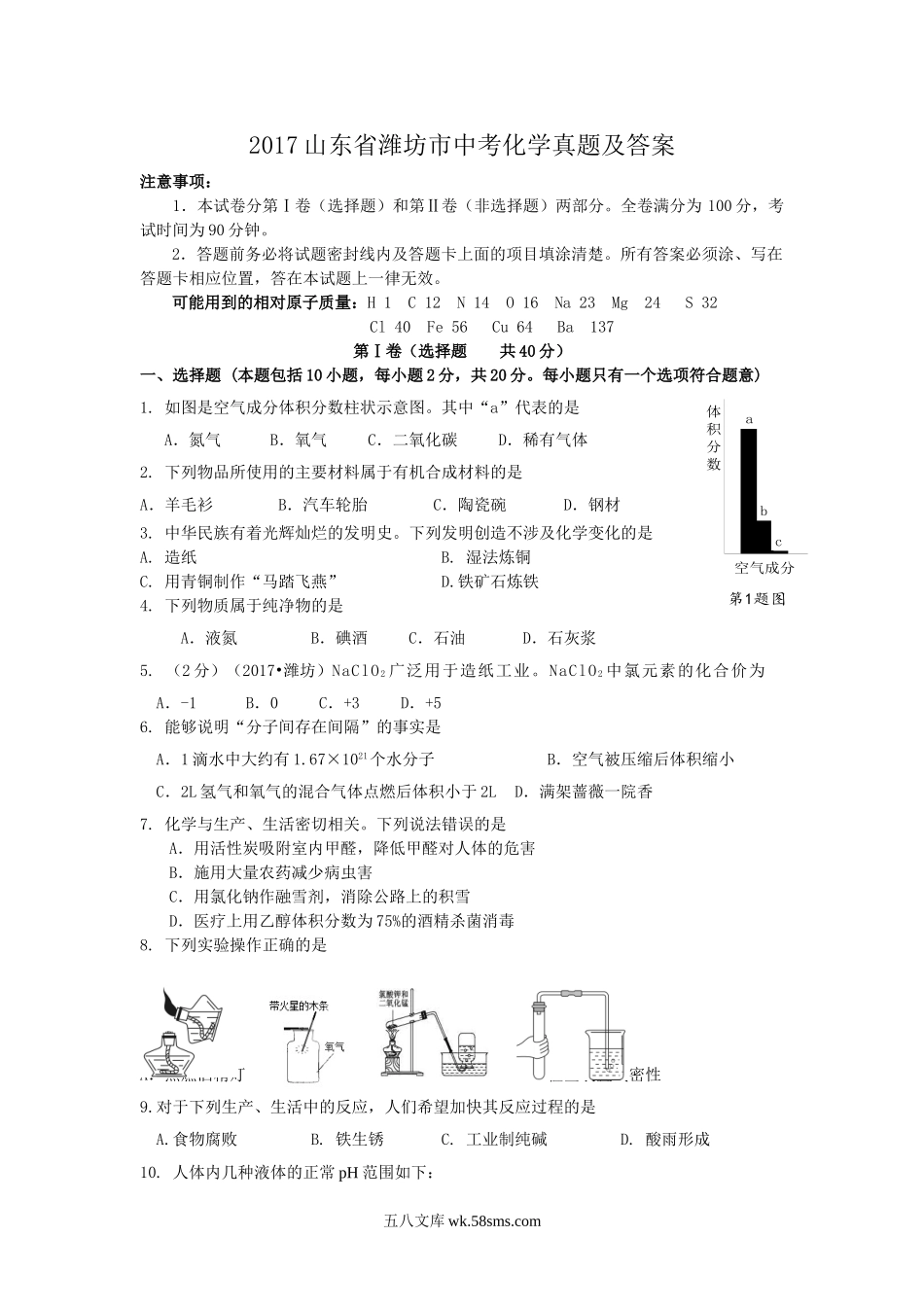 2017山东省潍坊市中考化学真题及答案.doc_第1页