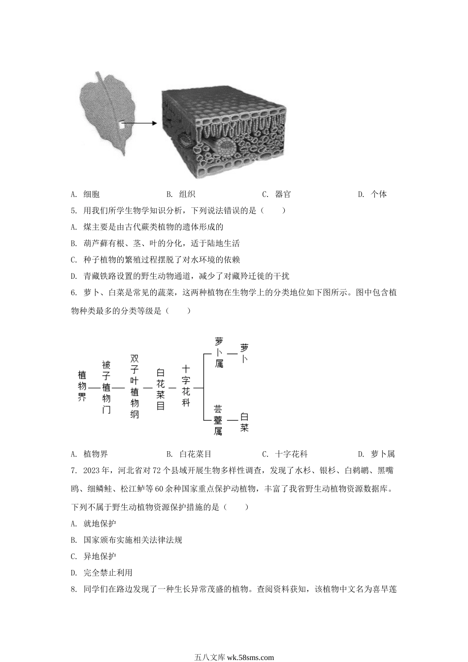 2024年河北保定中考生物试题及答案.doc_第2页