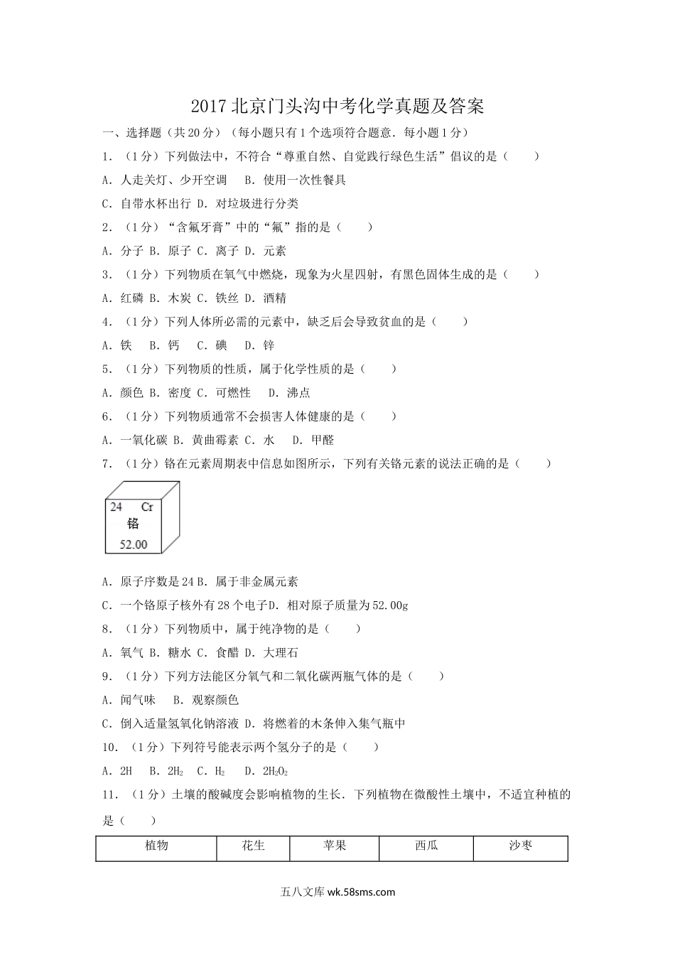 2017北京门头沟中考化学真题及答案.doc_第1页