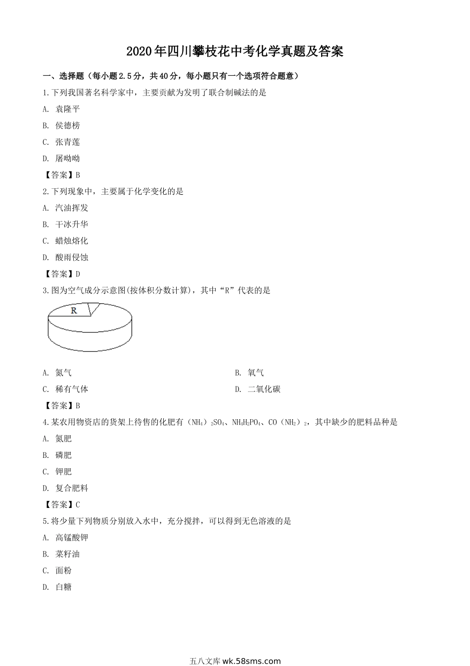 2020年四川攀枝花中考化学真题及答案.doc_第1页