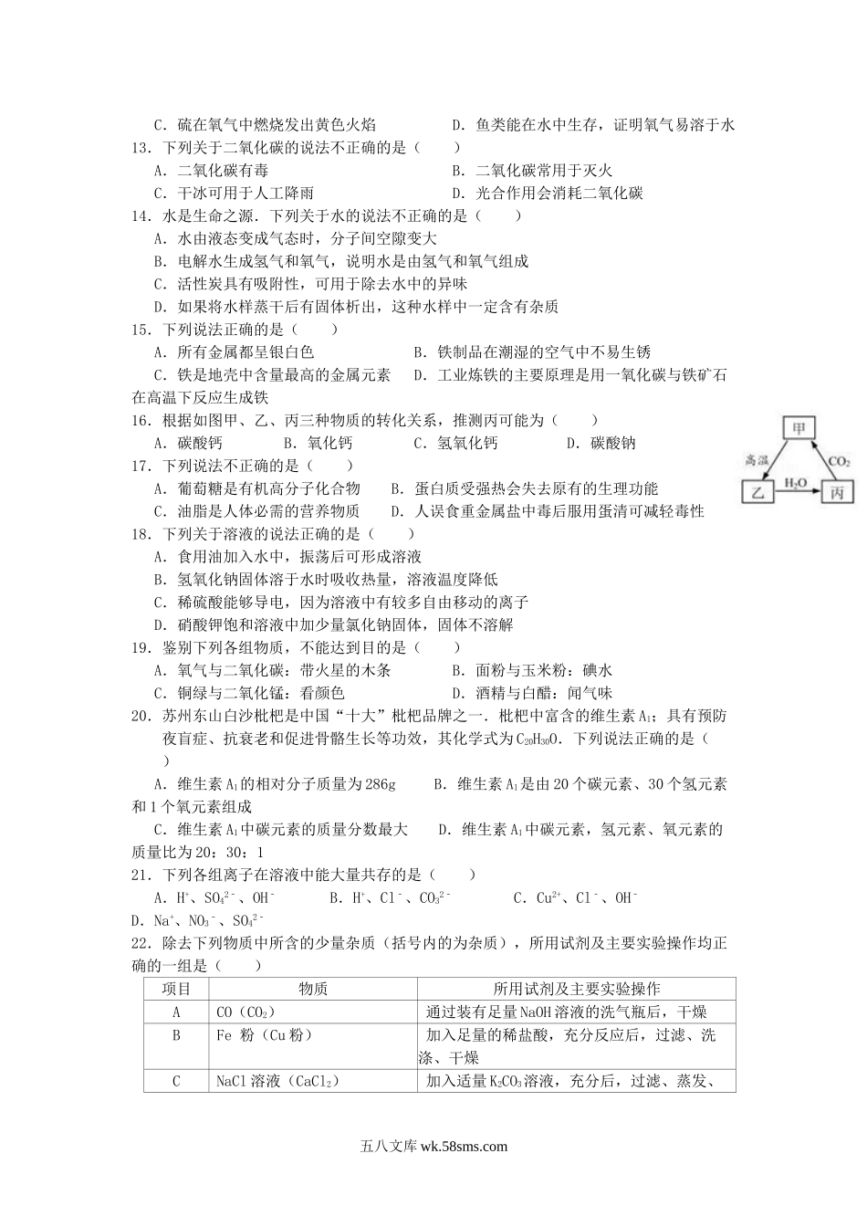 2016江苏省苏州市中考化学真题及答案.doc_第2页