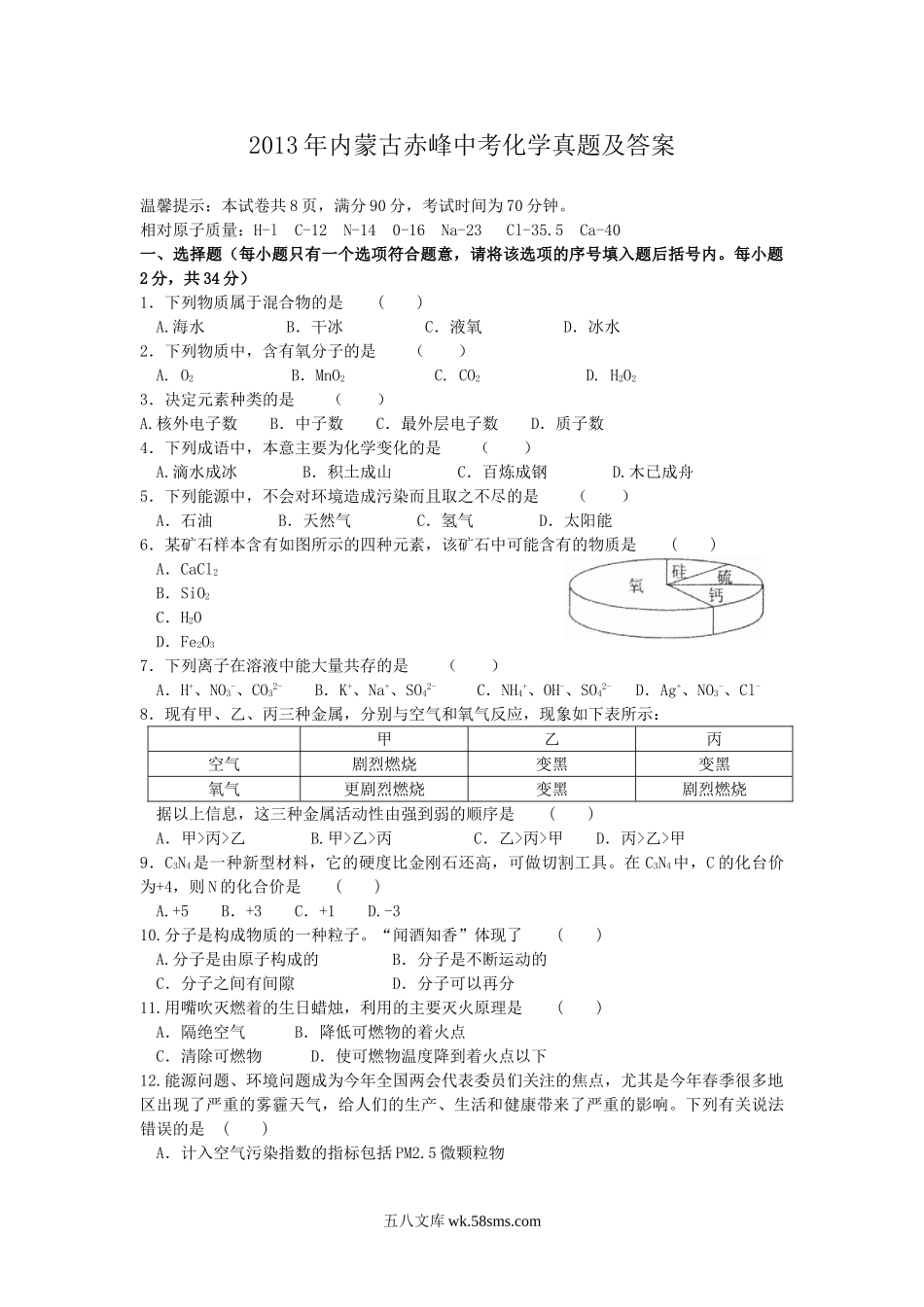 2013年内蒙古赤峰中考化学真题及答案.doc_第1页