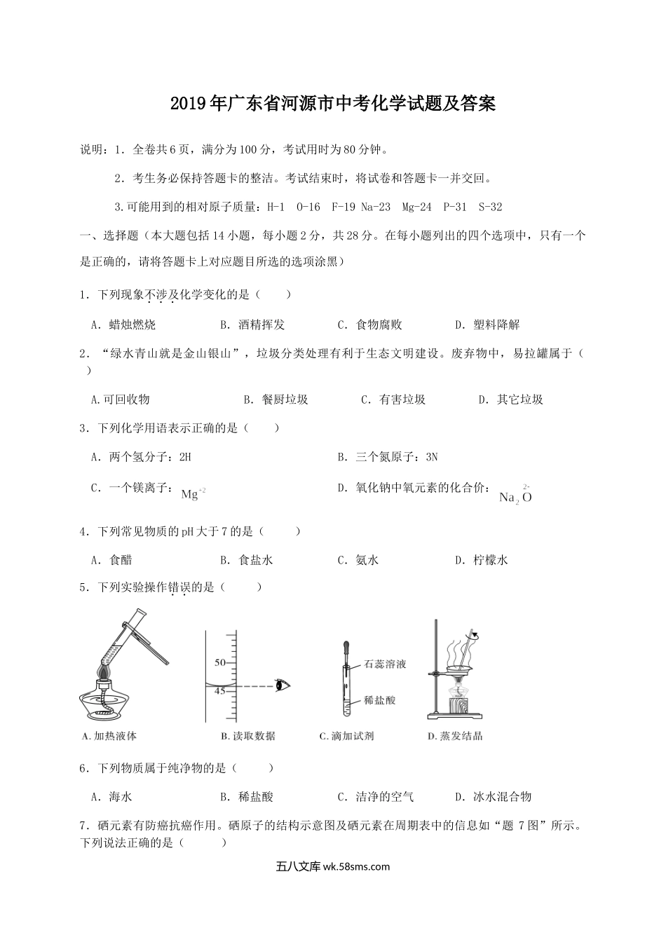 2019年广东省河源市中考化学试题及答案.doc_第1页