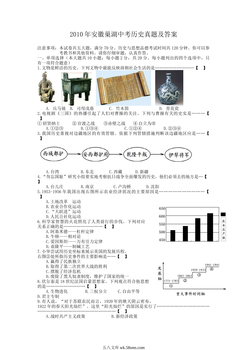 2010年安徽巢湖中考历史真题及答案.doc_第1页