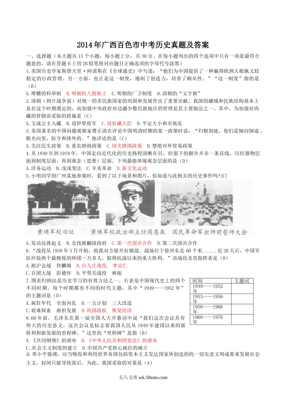 2014年广西百色市中考历史真题及答案.doc_第1页