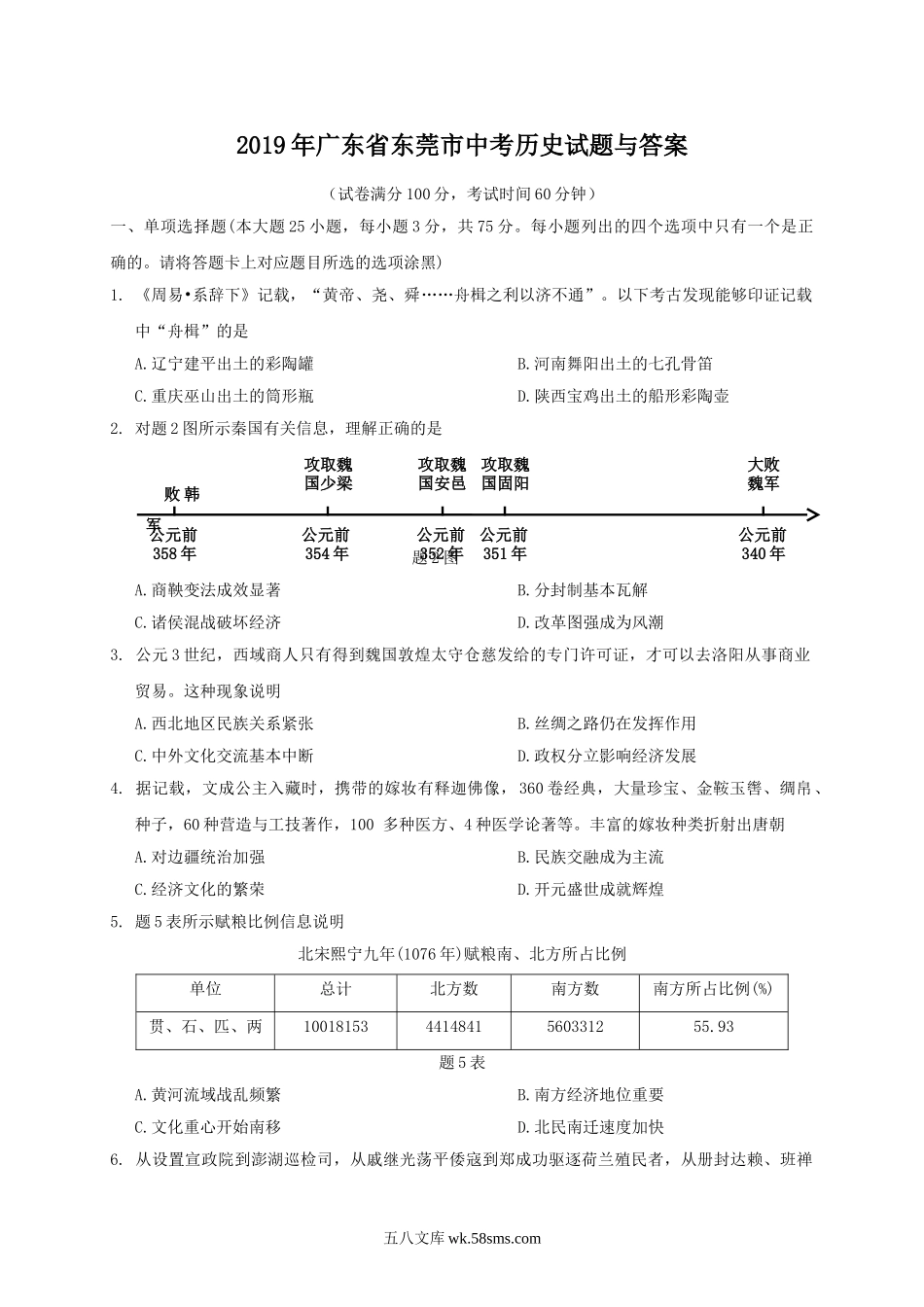 2019年广东省东莞市中考历史试题与答案.doc_第1页