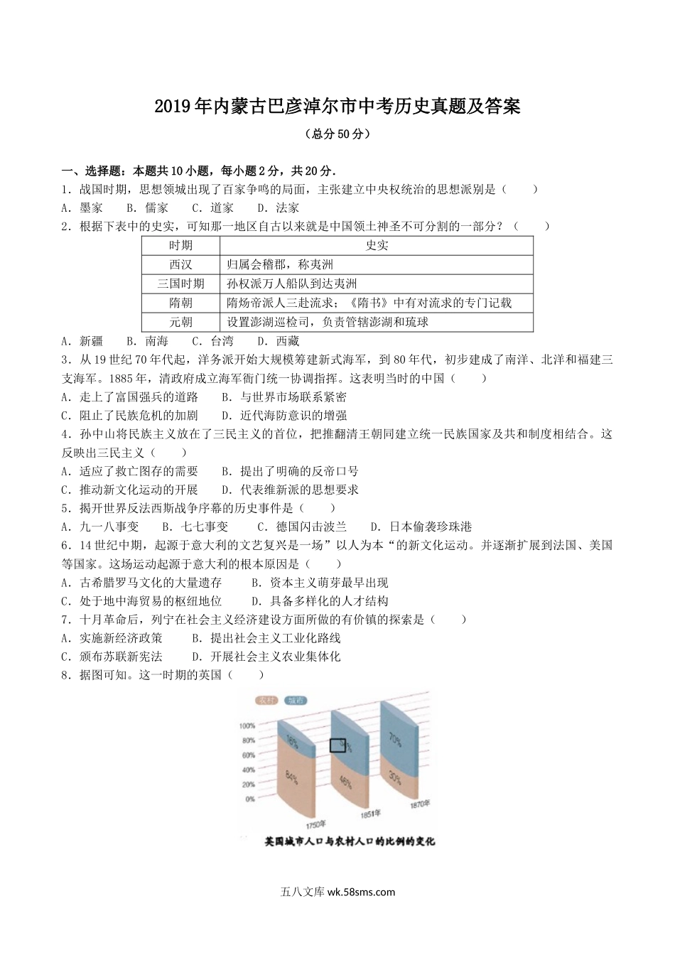 2019年内蒙古巴彦淖尔市中考历史真题及答案.doc_第1页