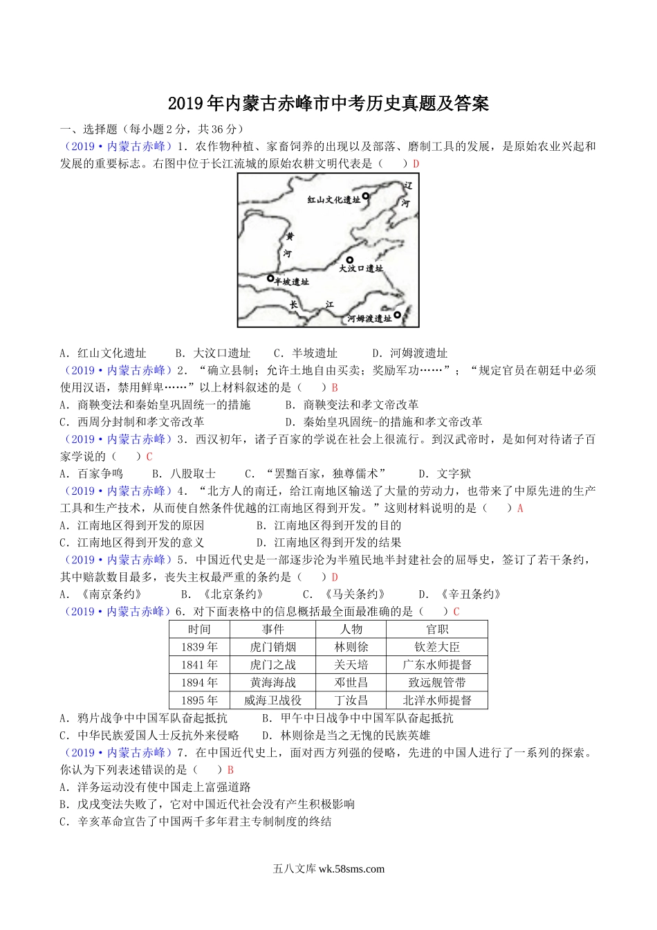 2019年内蒙古赤峰市中考历史真题及答案.doc_第1页