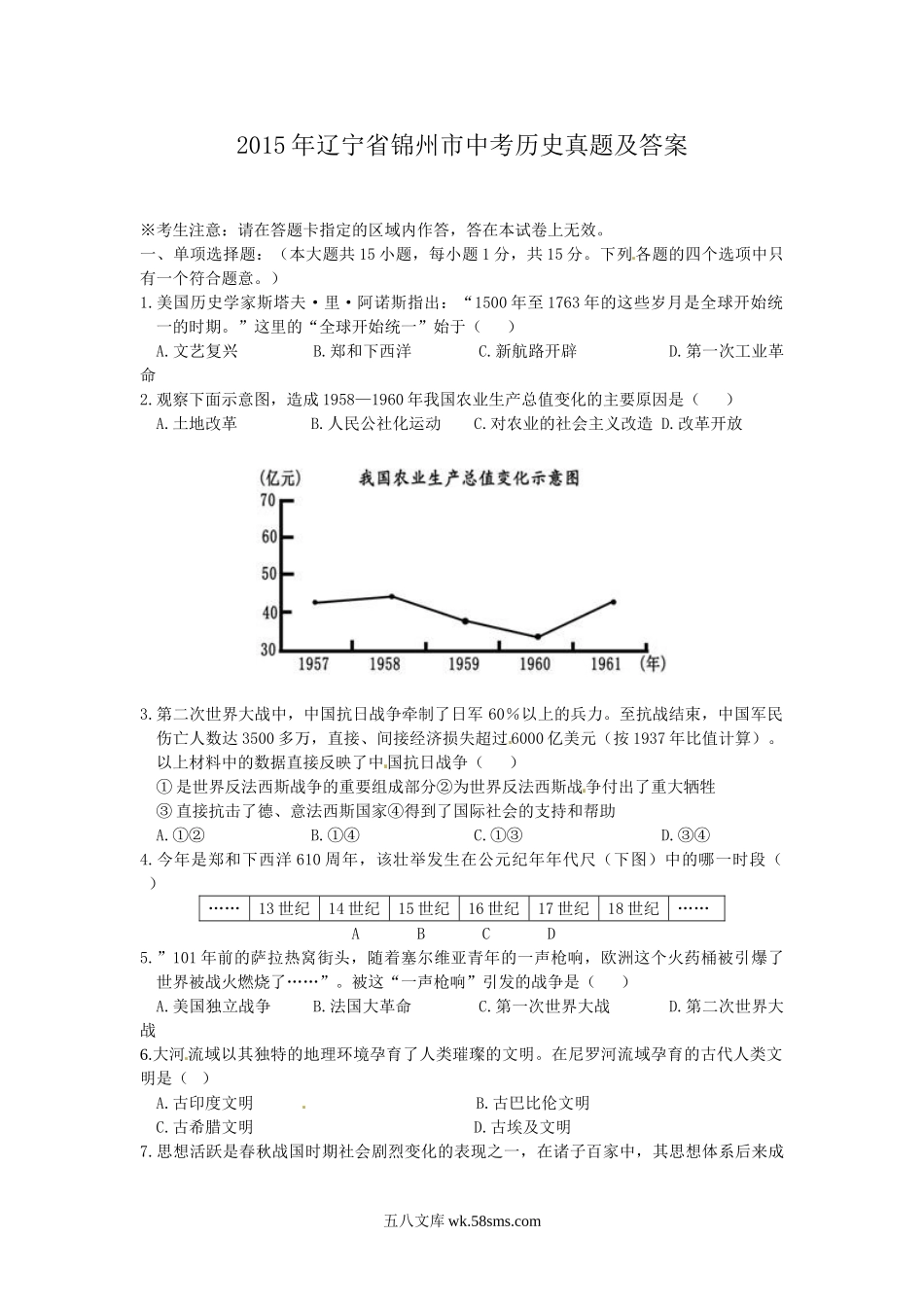 2015年辽宁省锦州市中考历史真题及答案.doc_第1页