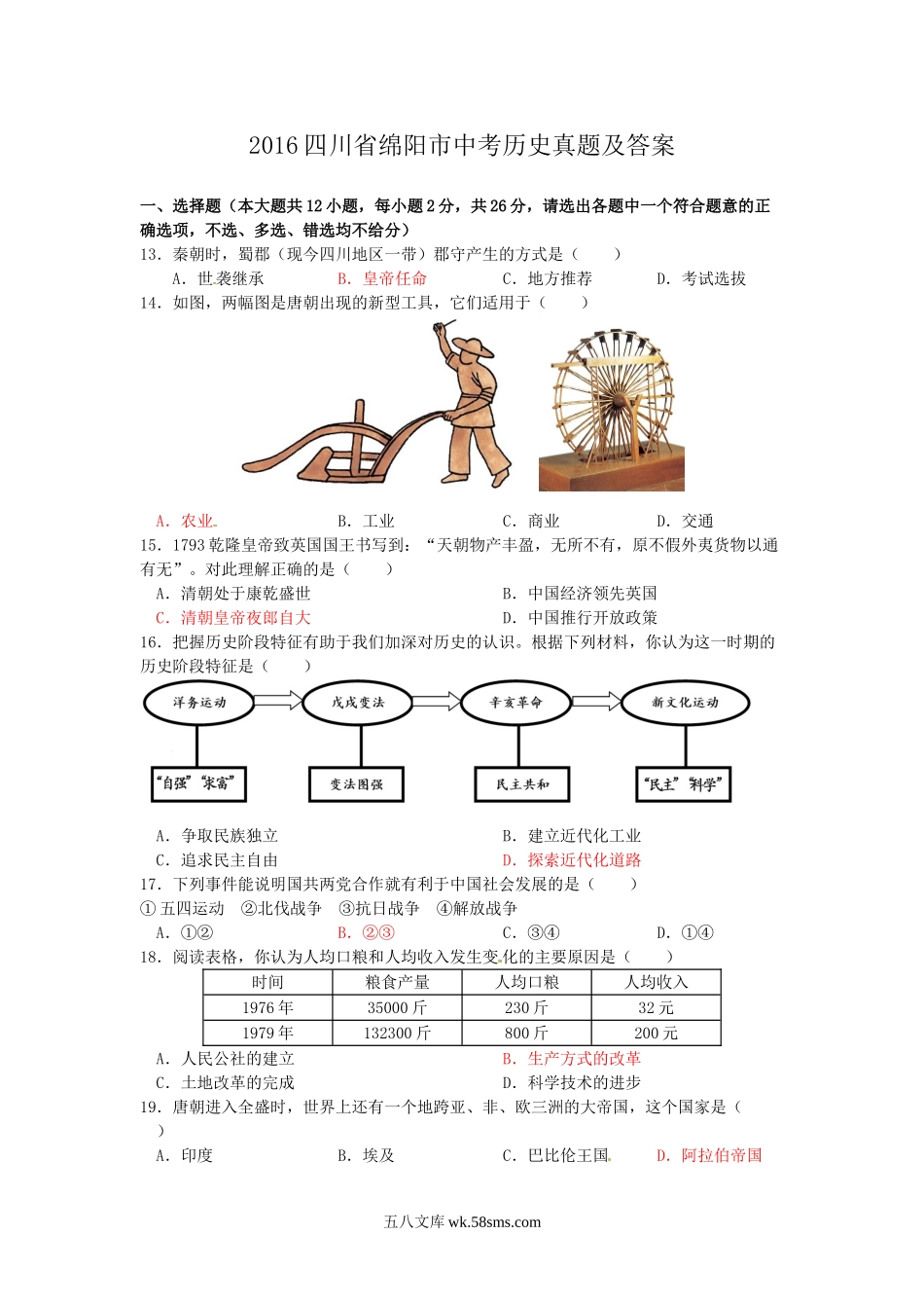 2016四川省绵阳市中考历史真题及答案.doc_第1页