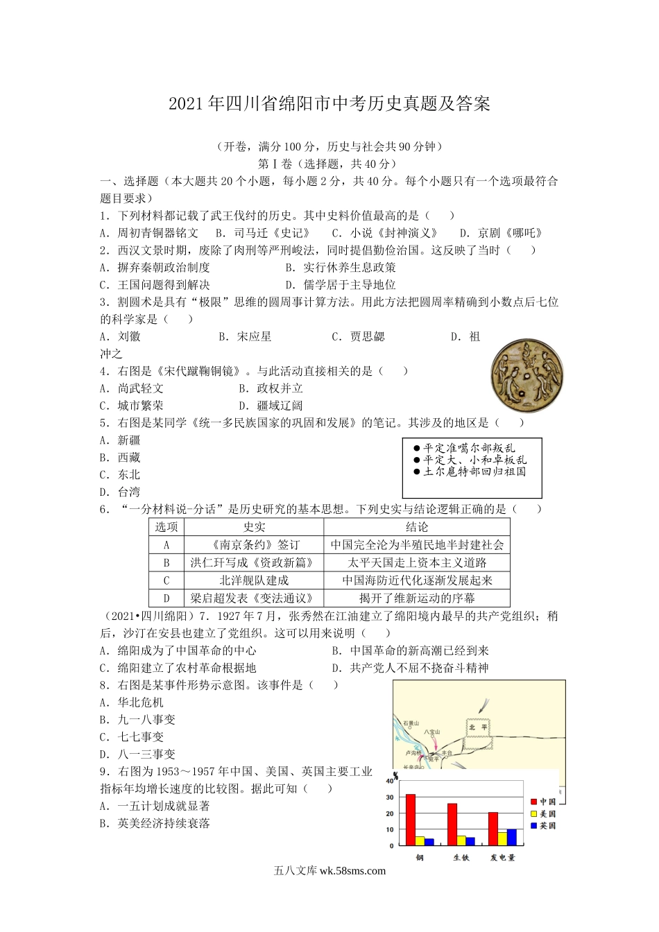 2021年四川省绵阳市中考历史真题及答案.doc_第1页