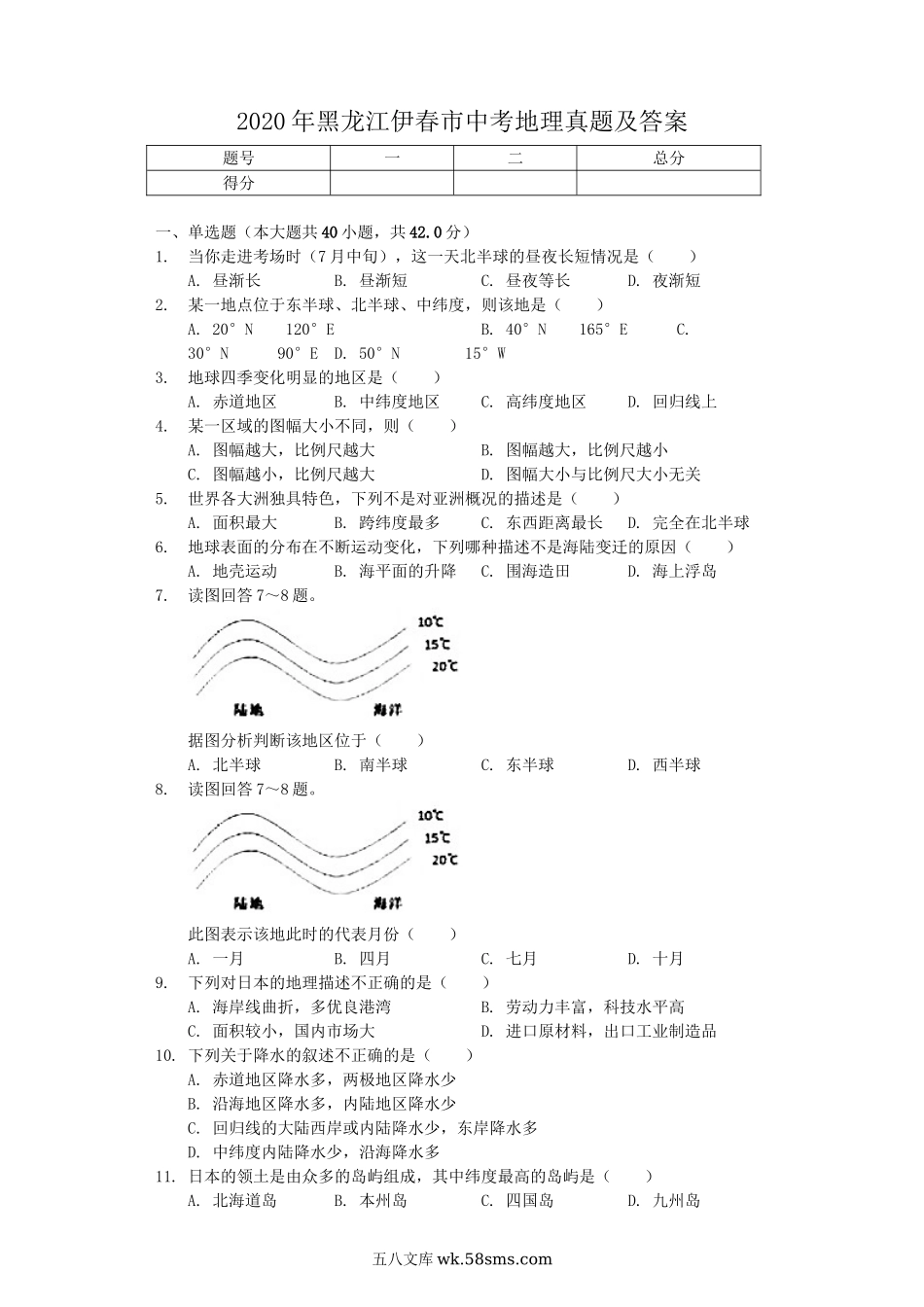 2020年黑龙江伊春市中考地理真题及答案.doc_第1页