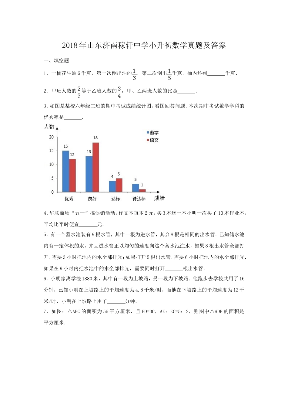 2018年山东济南稼轩中学小升初数学真题及答案.doc_第1页