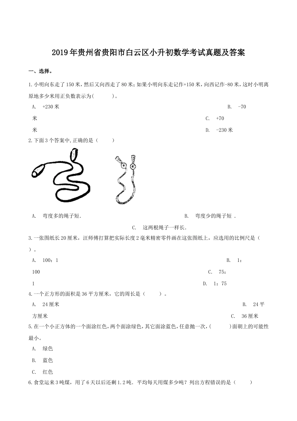 2019年贵州省贵阳市白云区小升初数学考试真题及答案.doc_第1页